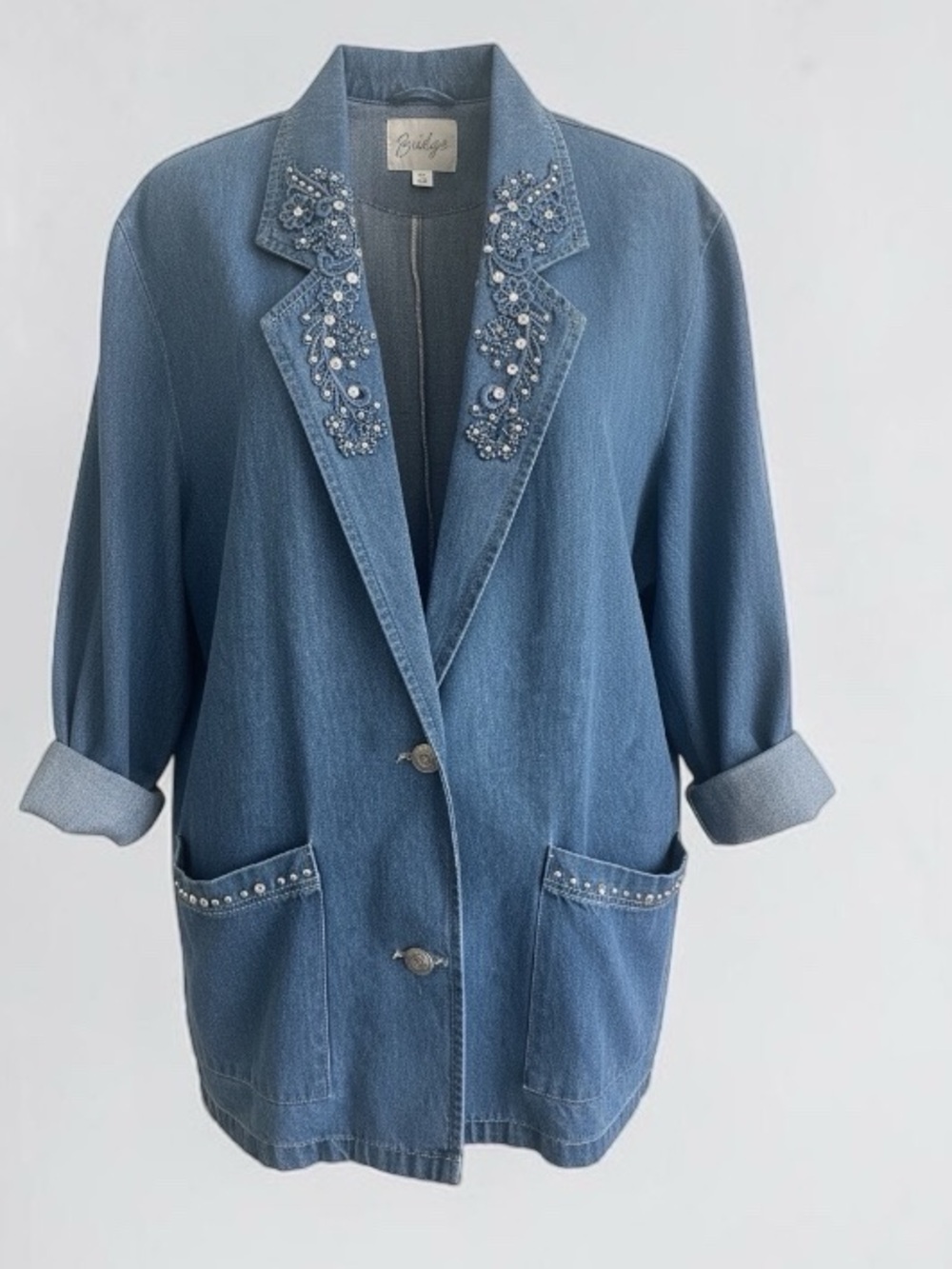 Vintage Embellished/Bedazzled Blue Denim Blazer Jacket 100% Cotton Made in USA